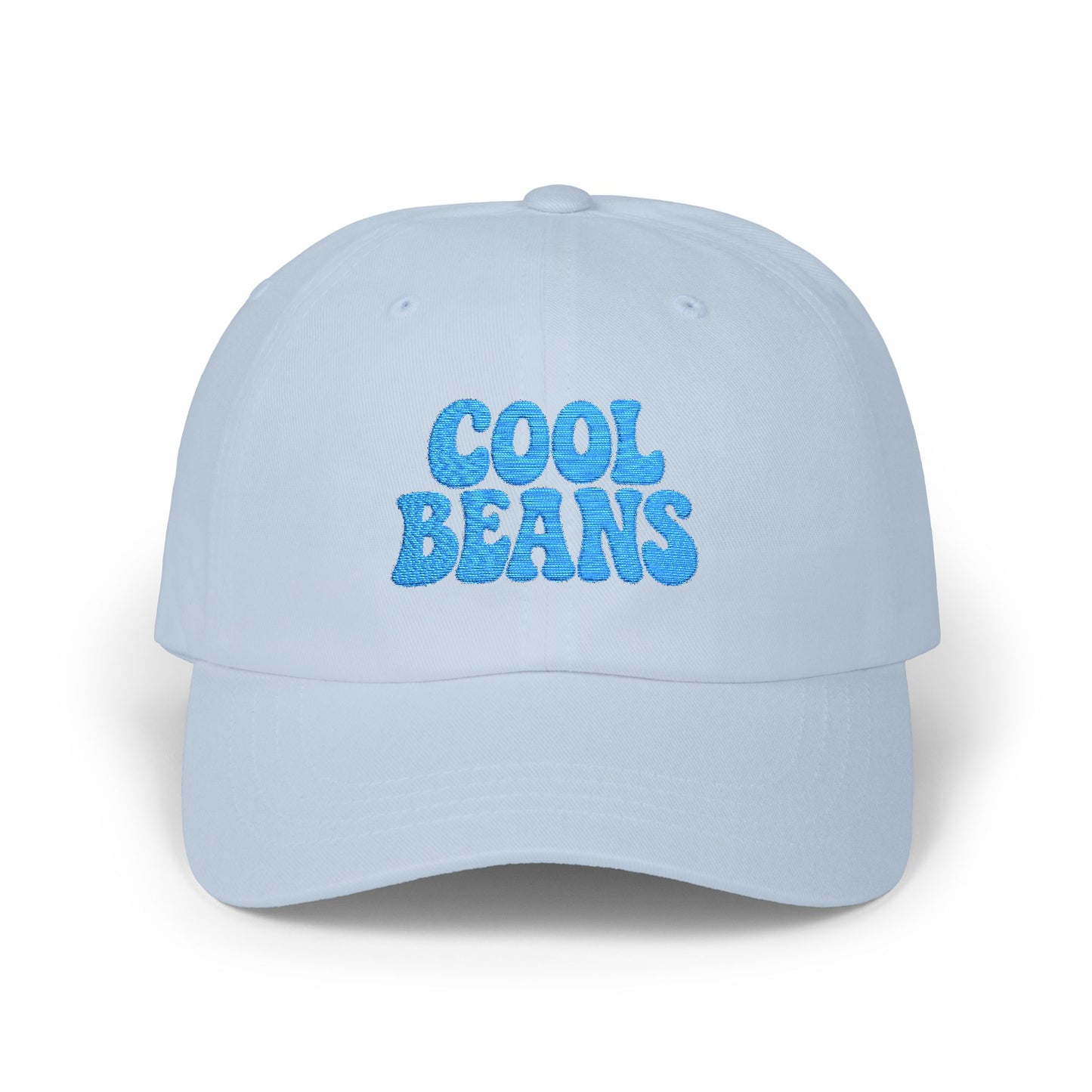Cool Beans Classic Dad Hat – Embroidered Minimalist Text Hat for Chill Vibes and Quiet Comedy Fans. Blue Letters