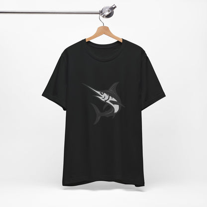 Swordfish Graphic T-Shirt – Dark Theme Grayscale Ocean Predator Design on Black Tee with Streamlined Power and Modern Ghost Effect. Unisex Jersey Short Sleeve Tee