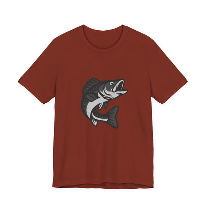 Walleye Fishing Graphic T-Shirt – Dark Theme Grayscale Freshwater Game Fish Design on Black Tee with Angler Energy and Modern Ghost Effect. Unisex Jersey Short Sleeve Tee