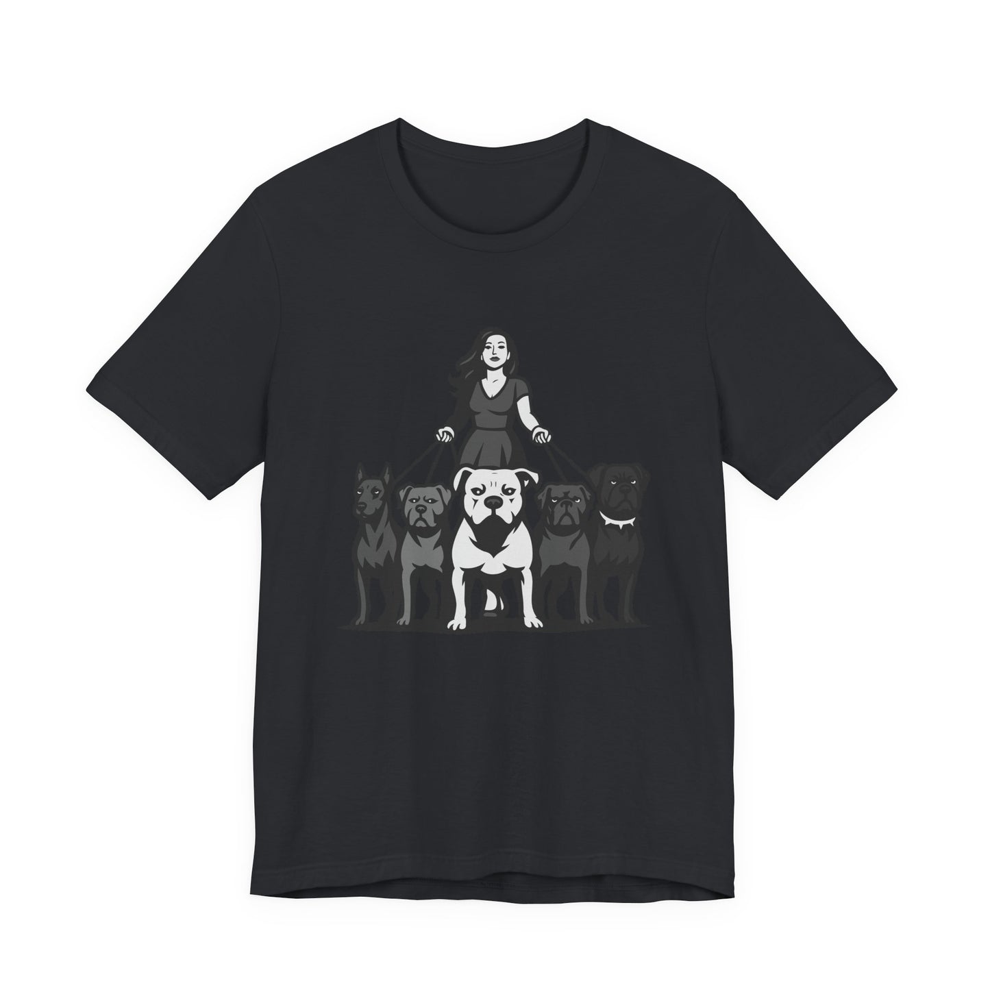 Alpha Woman with Dog Pack Graphic Tee Dark Theme – Confident Dog Walker Vector Design