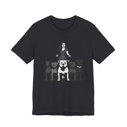 Alpha Woman with Dog Pack Graphic Tee Dark Theme – Confident Dog Walker Vector Design