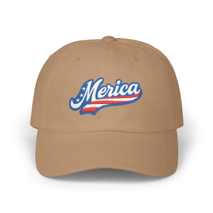 MERICA Embroidered Classic Dad Hat – Patriotic USA Hat with Bold Stars and Stripes Script Design for 4th of July and American Pride