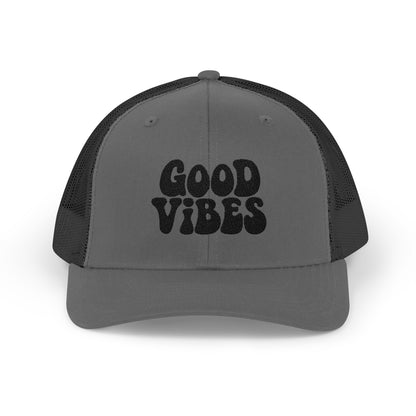 Good Vibes Trucker Hat – Embroidered Retro Text Hat for Positive Vibes, Chill Style, and Everyday Feel-Good Energy. Black Letters