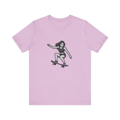 Skater Girl Graphic T-Shirt – Dark Theme Grayscale Skateboarding Design on Black Tee with Bold Motion and Modern Ghost Effect. Unisex Jersey Short Sleeve Tee