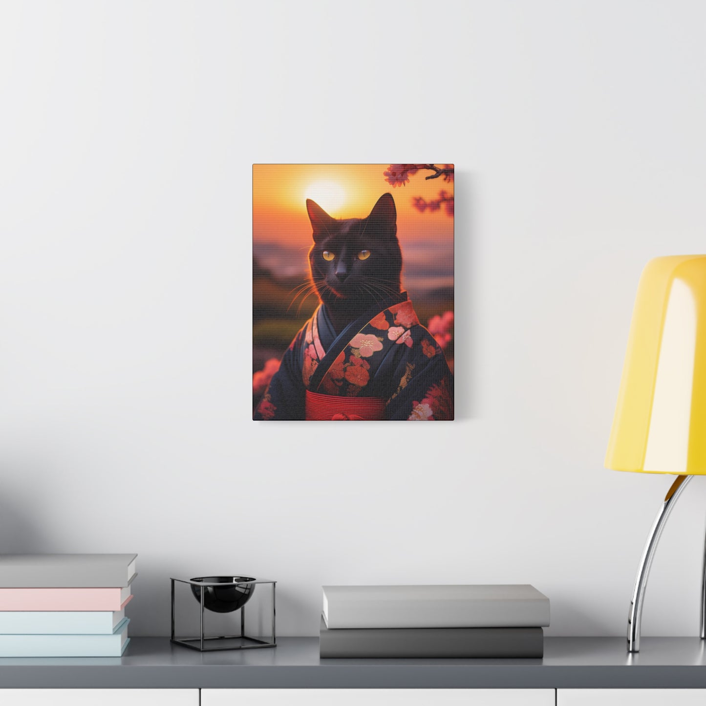 Zen Whiskers: Geisha Cat at Sunset Canvas Art | Stretched Matte Wall Decor 001