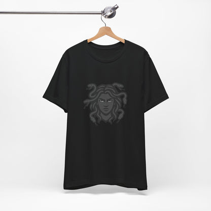 Medusa Graphic T-Shirt – Dark Theme Grayscale Snake-Haired Gorgon Design on Black Tee with Dark Myth Vibe and Modern Ghost Effect. Unisex Jersey Short Sleeve Tee