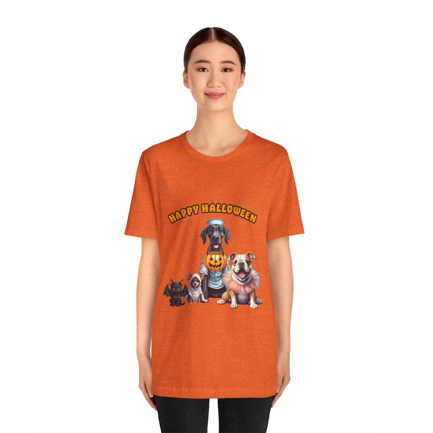 Happy Halloween Pet Parade Shirt – Cute Halloween Dogs and Cat in Costumes. Unisex Jersey Short Sleeve Tee
