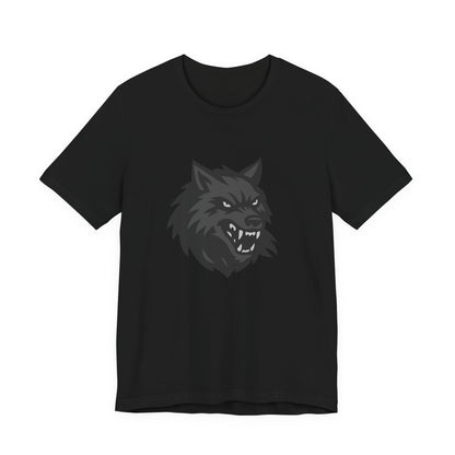 Dark Theme Wolf Head Shirt – Fierce Growling Wolf Face Graphic in Black and Grey for Bold, Edgy Style. Unisex Jersey Short Sleeve Tee
