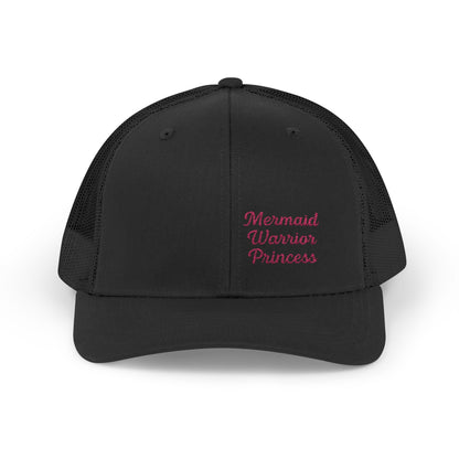 Mermaid Warrior Princess Trucker Hat – Embroidered Bold Text Hat for Magical Queens. Pink Letters