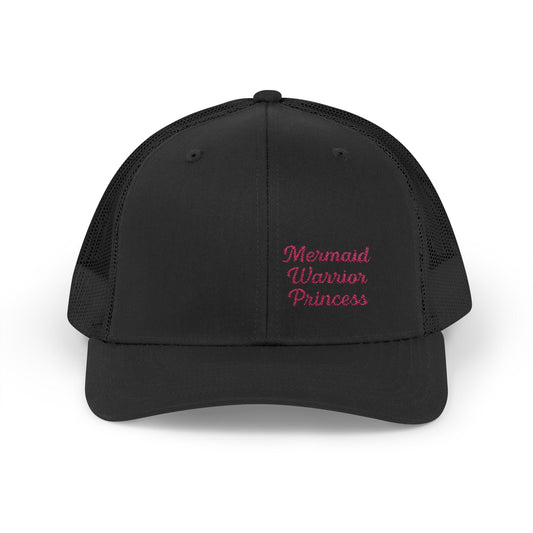 Mermaid Warrior Princess Trucker Hat – Embroidered Bold Text Hat for Magical Queens. Pink Letters