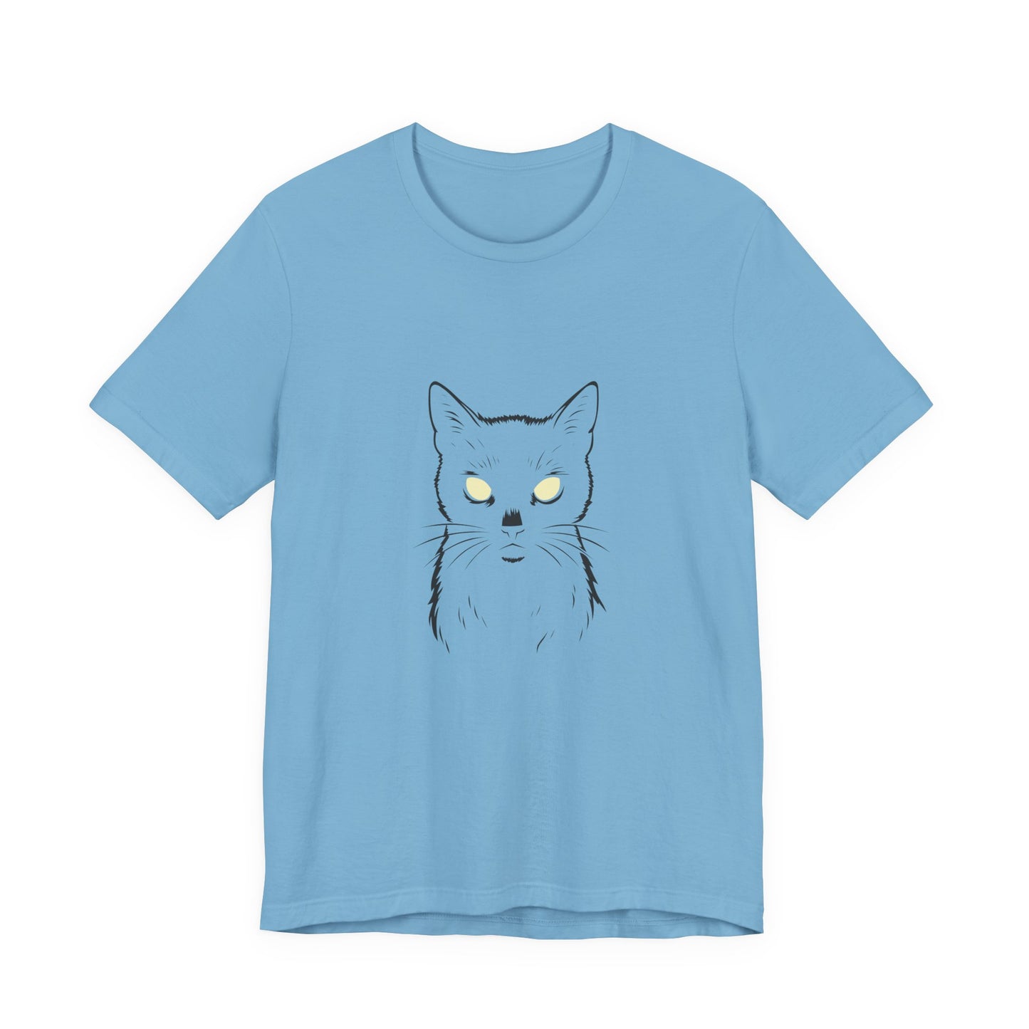 Ghost Cat Eyes Tee – Dark Theme Black Cat Outline with Transparent Face and Glowing Stare. Unisex Jersey Short Sleeve Tee