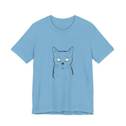 Ghost Cat Eyes Tee – Dark Theme Black Cat Outline with Transparent Face and Glowing Stare. Unisex Jersey Short Sleeve Tee