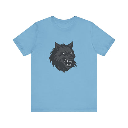 Dark Theme Wolf Head Shirt – Fierce Growling Wolf Face Graphic in Black and Grey for Bold, Edgy Style. Unisex Jersey Short Sleeve Tee