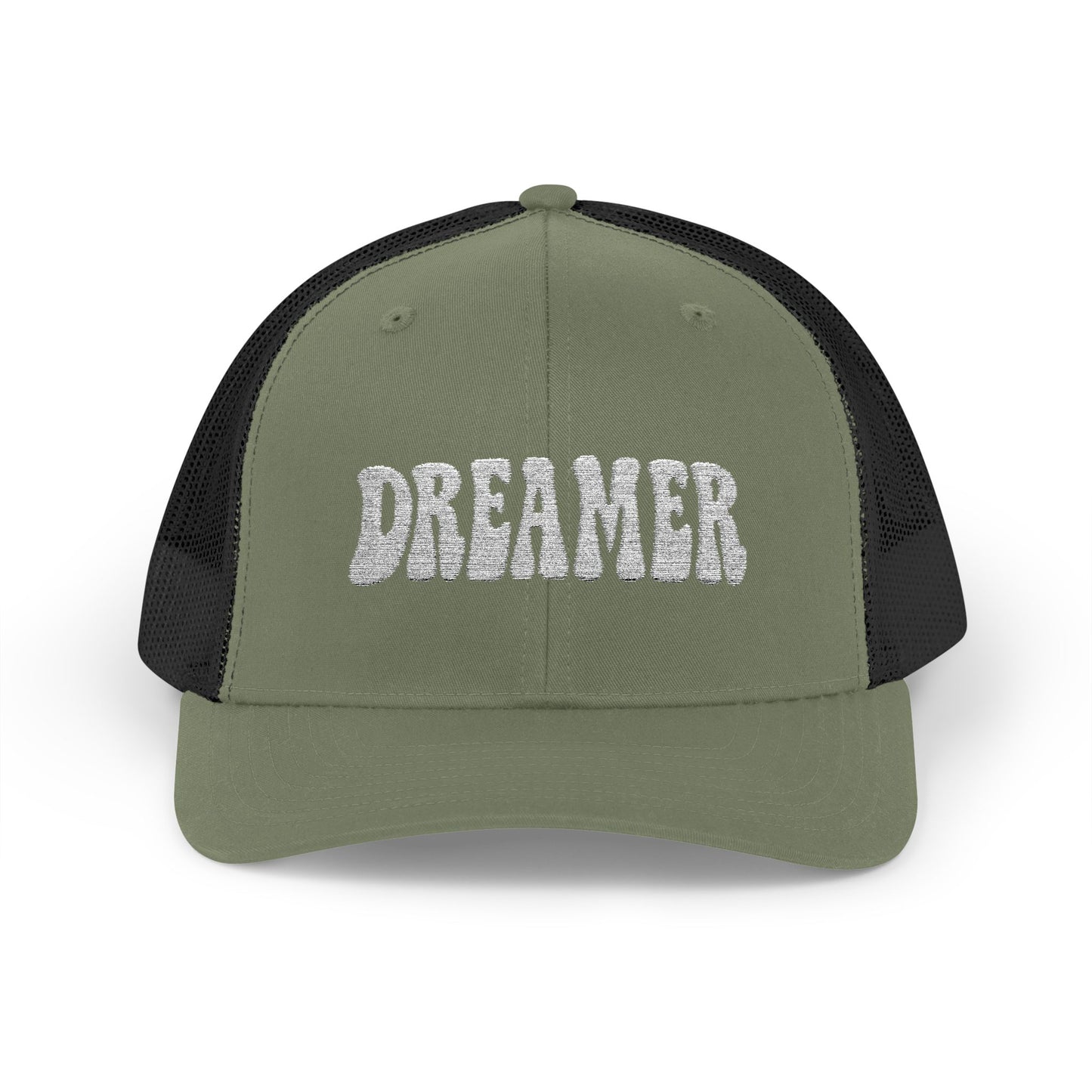 Dreamer Trucker Hat – Embroidered Minimalist Script Hat for Visionaries, Creatives, and Chill Daydreamers. White Letters