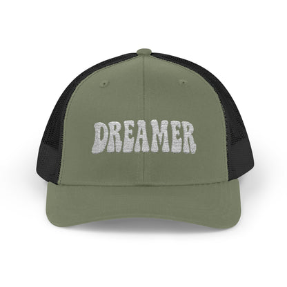 Dreamer Trucker Hat – Embroidered Minimalist Script Hat for Visionaries, Creatives, and Chill Daydreamers. White Letters