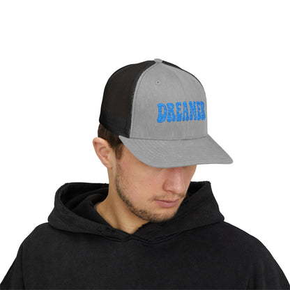 Dreamer Trucker Hat – Embroidered Minimalist Script Hat for Visionaries, Creatives, and Chill Daydreamers. Blue Letters