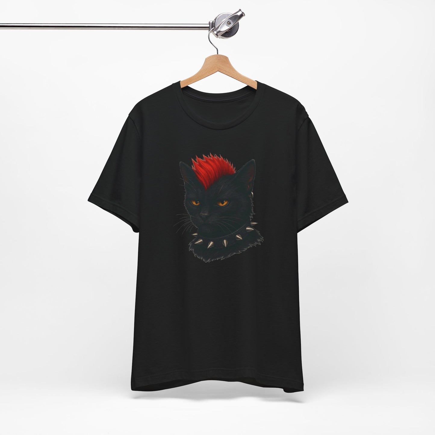 Punk Rock Black Cat Graphic Tee Dark Theme – Spiked Collar Rebel Feline Design