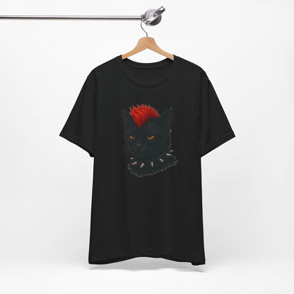 Punk Rock Black Cat Graphic Tee Dark Theme – Spiked Collar Rebel Feline Design