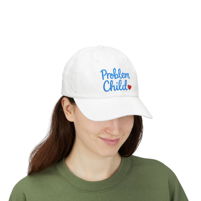Problem Child Embroidered Classic Dad Hat – Bold Script Baseball Hat with Red Heart for the Unruly and Unapologetic. Blue Letters