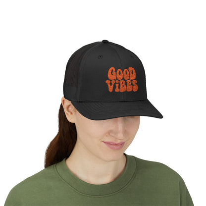 Good Vibes Trucker Hat – Embroidered Retro Text Hat for Positive Vibes, Chill Style, and Everyday Feel-Good Energy. Orange Letters