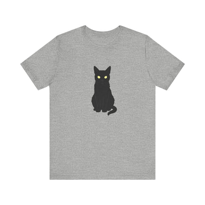 Glowing-Eyed Black Cat Shirt – Dark Theme Feline Stare for Maximum Spook and Minimal Effort. Unisex Jersey Short Sleeve Tee