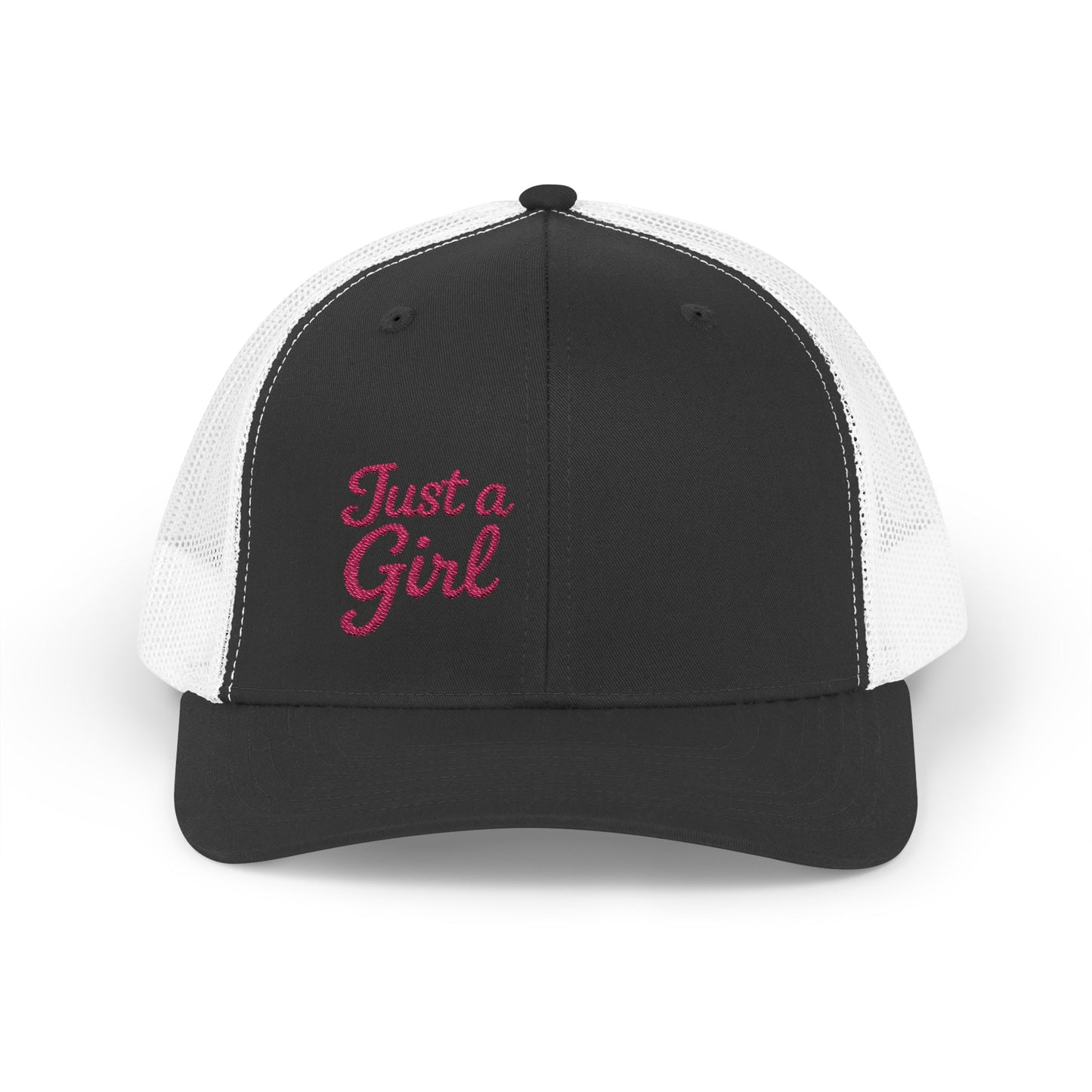Just a Girl Trucker Hat – Minimalist Script Hat with Bold Feminine Energy and Classic Style. Pink Letters