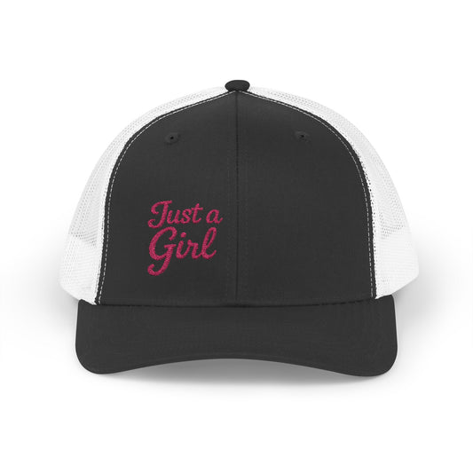 Just a Girl Trucker Hat – Minimalist Script Hat with Bold Feminine Energy and Classic Style. Pink Letters