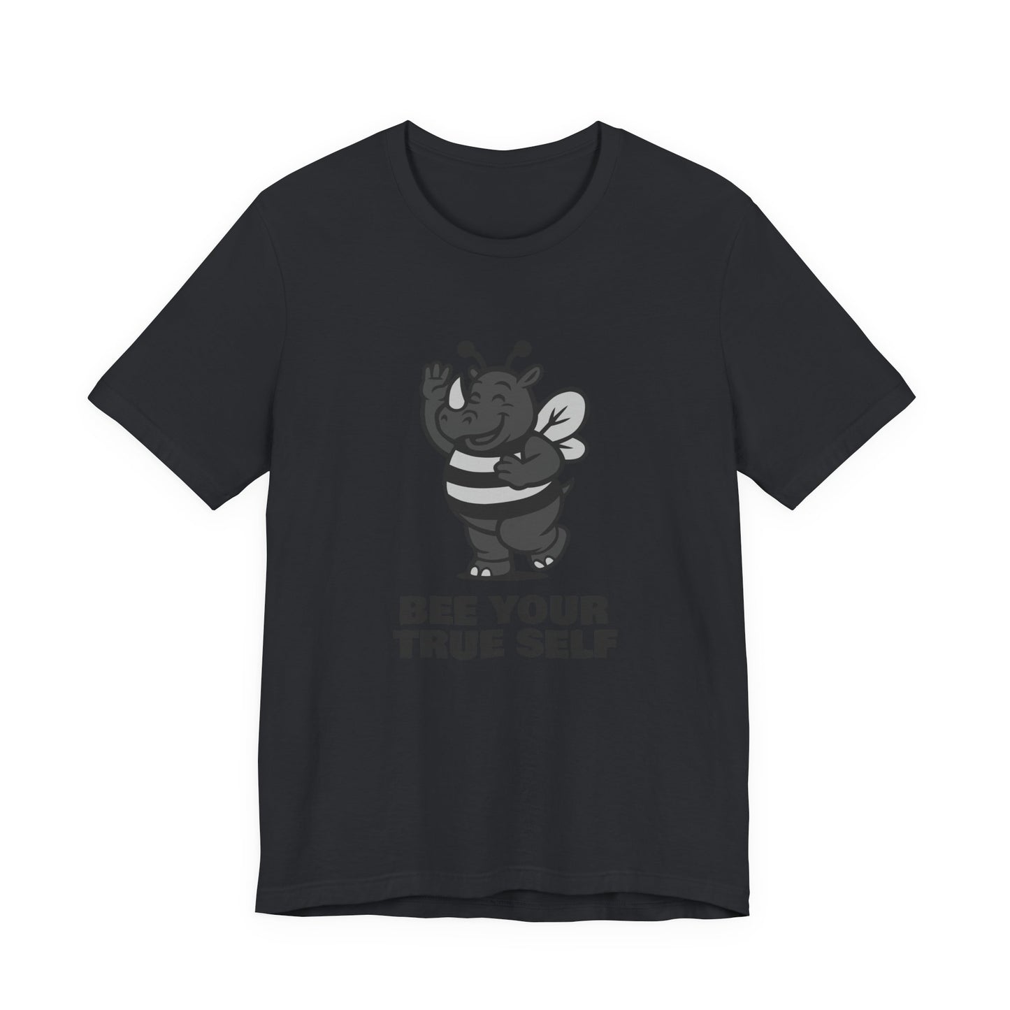 Bee Your True Self T-Shirt – Dark Theme Grayscale Rhino in Bee Costume on Black Tee with Wholesome Humor and Self-Expression Message. Unisex Jersey Short Sleeve Tee