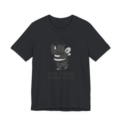 Bee Your True Self T-Shirt – Dark Theme Grayscale Rhino in Bee Costume on Black Tee with Wholesome Humor and Self-Expression Message. Unisex Jersey Short Sleeve Tee