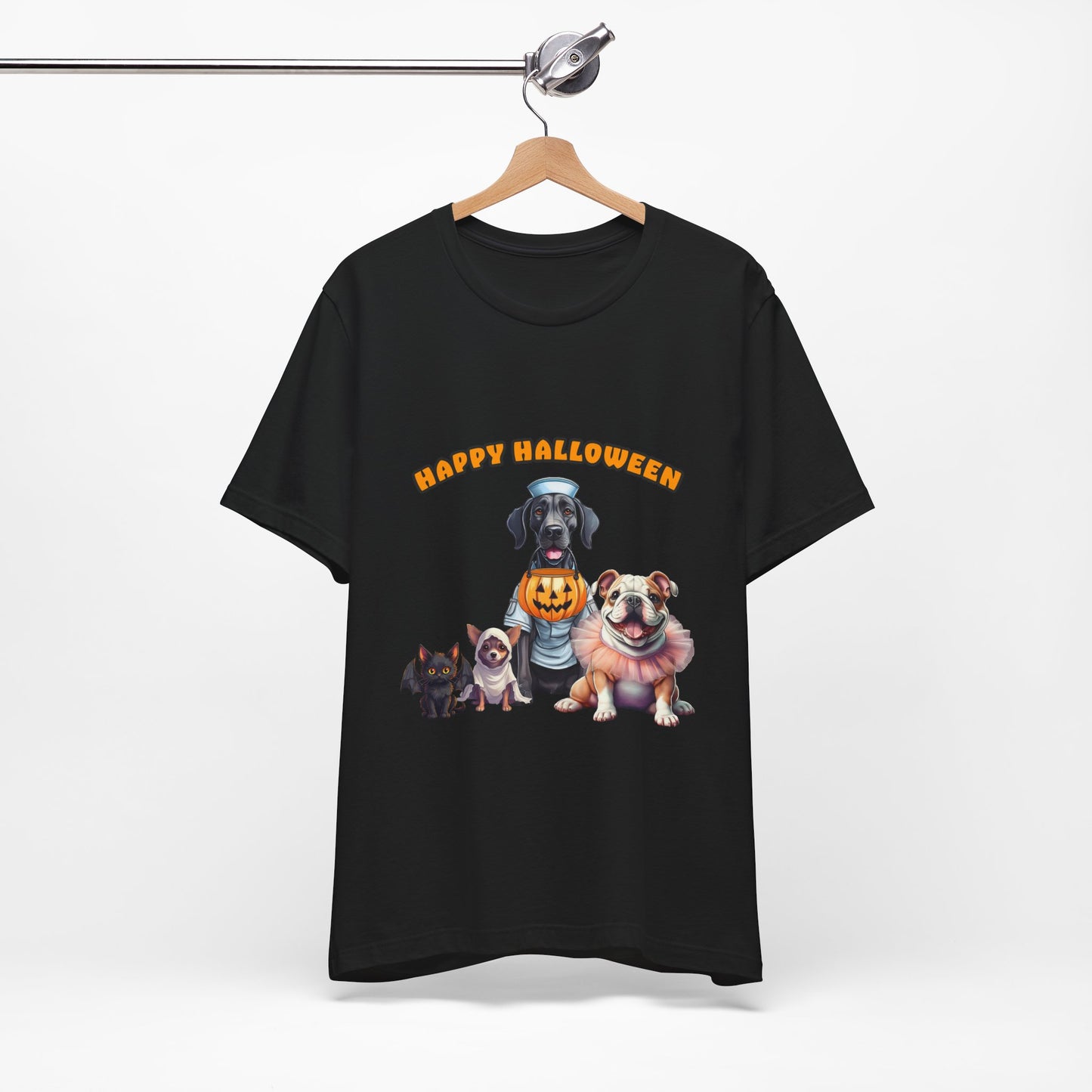 Happy Halloween Pet Parade Shirt – Cute Halloween Dogs and Cat in Costumes. Unisex Jersey Short Sleeve Tee