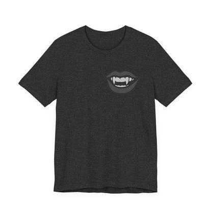 Vampire Mouth Graphic T-Shirt – Dark Theme Grayscale Fanged Lips on Black Tee with Gothic Bite and Modern Ghost Effect. Unisex Jersey Short Sleeve Tee