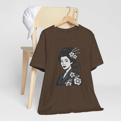 Floral Geisha Graphic Tee Dark Theme – Elegant Vector Portrait with Modern Ghost Effect
