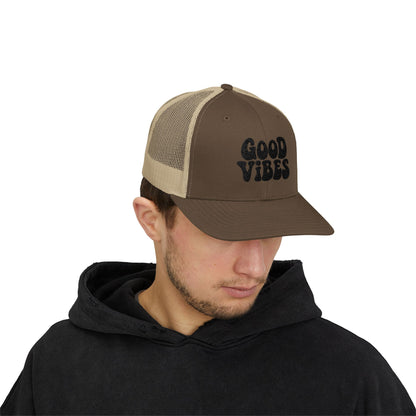 Good Vibes Trucker Hat – Embroidered Retro Text Hat for Positive Vibes, Chill Style, and Everyday Feel-Good Energy. Black Letters