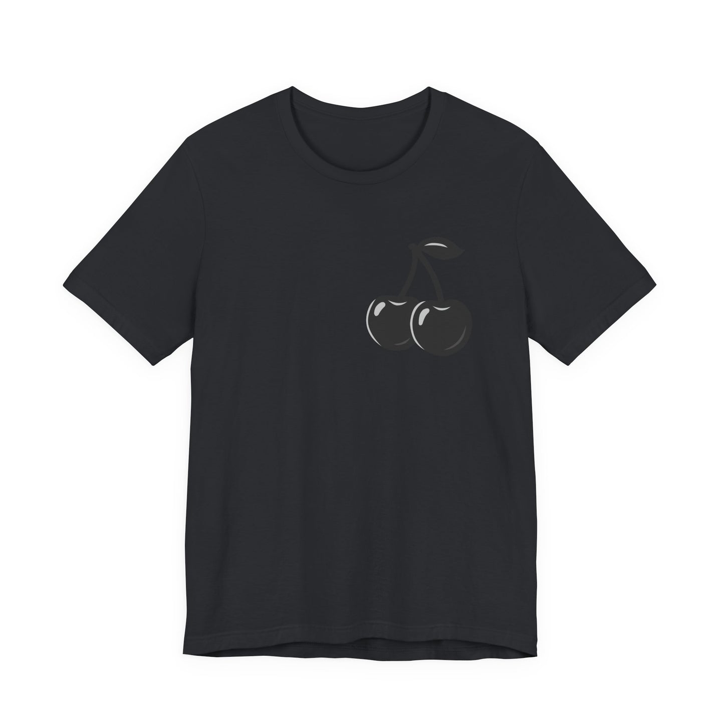Dark Cherry Graphic T-Shirt – Minimal Dark Theme Grayscale Fruit Design on Black Tee with Subtle Style and Modern Ghost Effect. Unisex Jersey Short Sleeve Tee