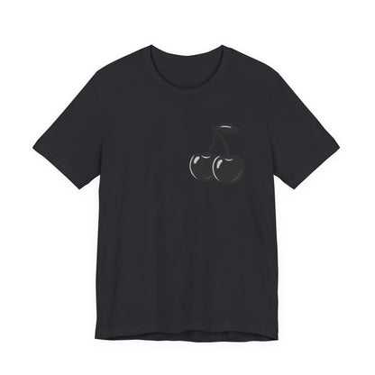 Dark Cherry Graphic T-Shirt – Minimal Dark Theme Grayscale Fruit Design on Black Tee with Subtle Style and Modern Ghost Effect. Unisex Jersey Short Sleeve Tee