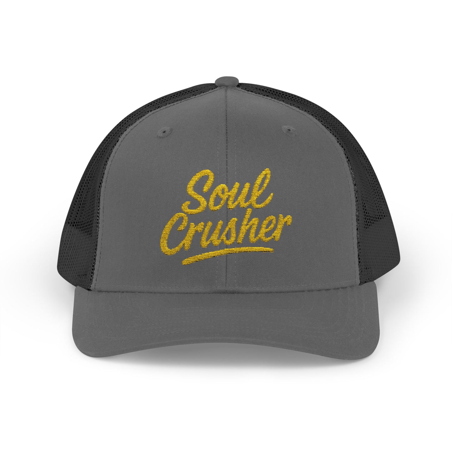 Soul Crusher Trucker Hat – Clean Script Hat with Bold Edge for Heartbreakers, Villains, and Power Moves. Yellow Letters