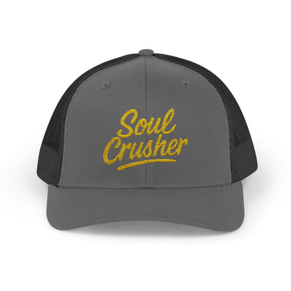 Soul Crusher Trucker Hat – Clean Script Hat with Bold Edge for Heartbreakers, Villains, and Power Moves. Yellow Letters