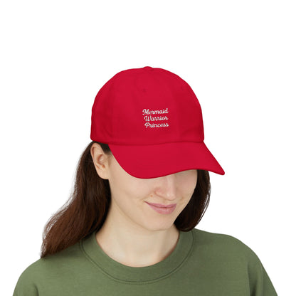Mermaid Warrior Princess Embroidered Classic Dad Hat – Bold Text Hat for Ocean Queens, Fantasy Fans, and Fierce Beach Style, White Letters
