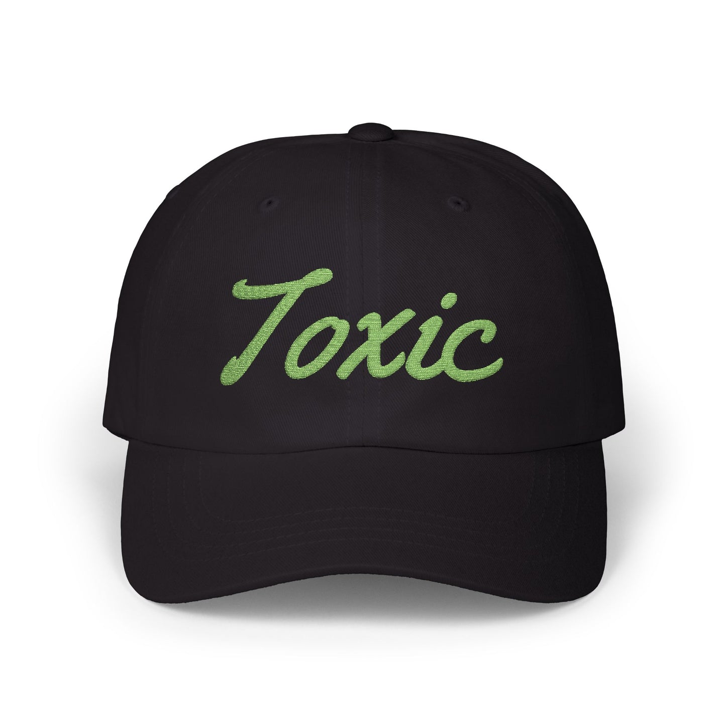 Toxic Embroidered Classic Dad Hat – Green Script Baseball Hat with Ironic Flair for Agents of Chaos and Certified Trouble