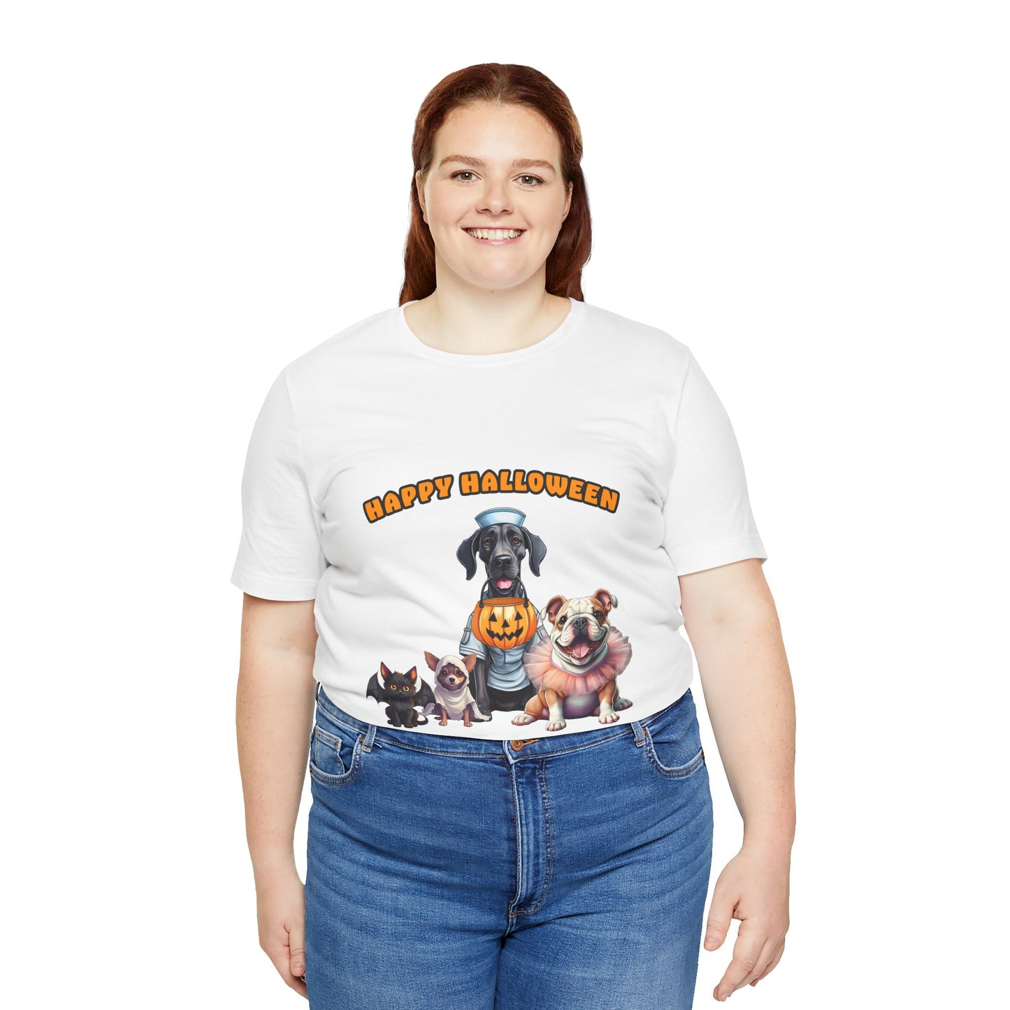 Happy Halloween Pet Parade Shirt – Cute Halloween Dogs and Cat in Costumes. Unisex Jersey Short Sleeve Tee
