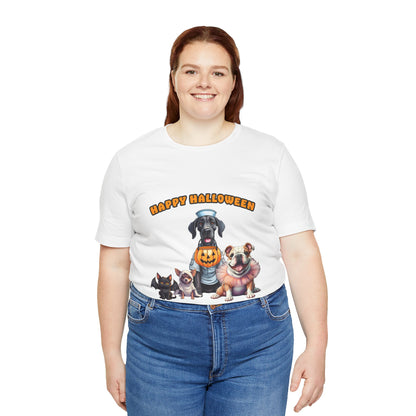 Happy Halloween Pet Parade Shirt – Cute Halloween Dogs and Cat in Costumes. Unisex Jersey Short Sleeve Tee