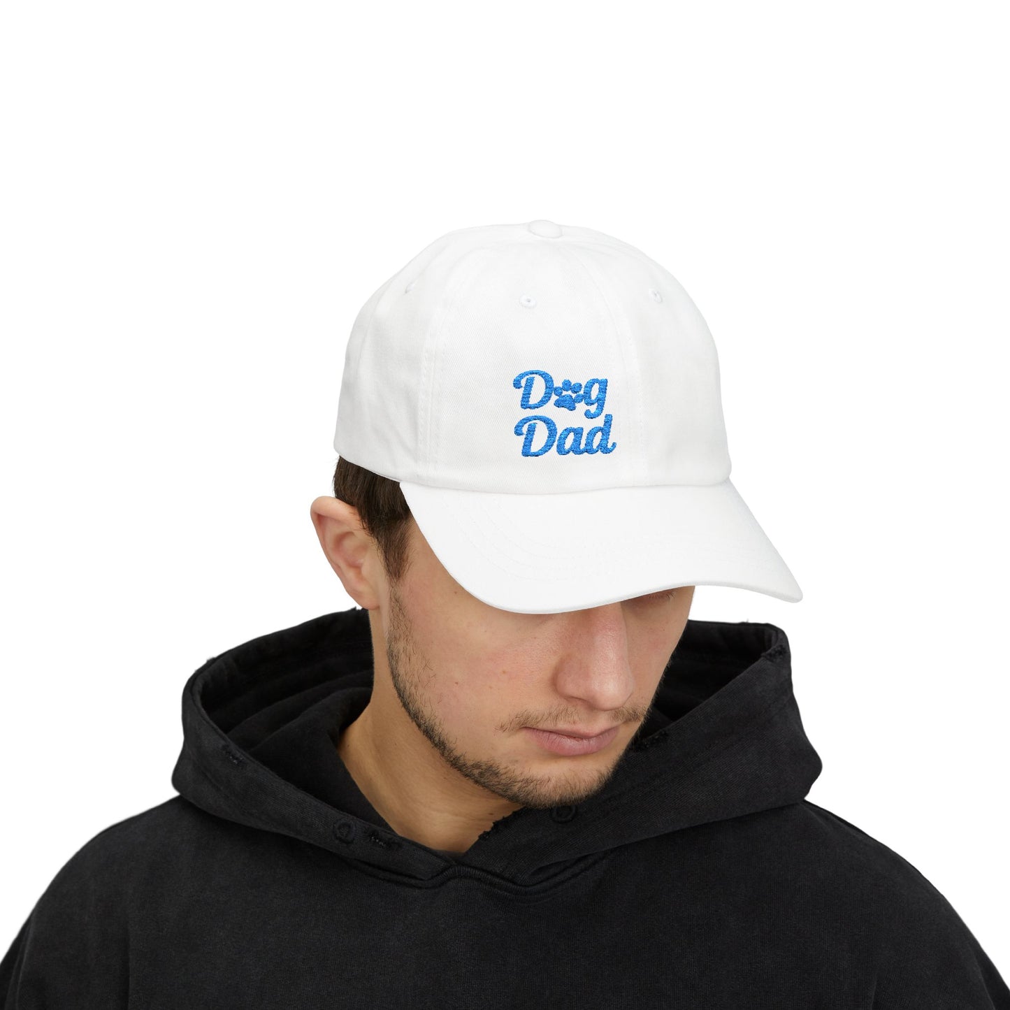 Dog Dad Classic Dad Hat – Embroidered Minimalist Dog Face Hat for Proud Pet Dads and Canine Companions. Blue Letters