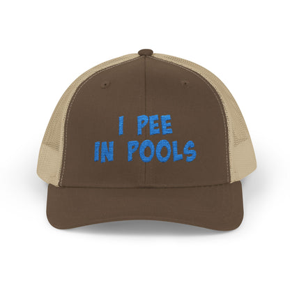 I Pee In Pools Trucker Hat – Funny Hat with Bold Blue Text for Lifeguard Terrors and Poolside Menaces
