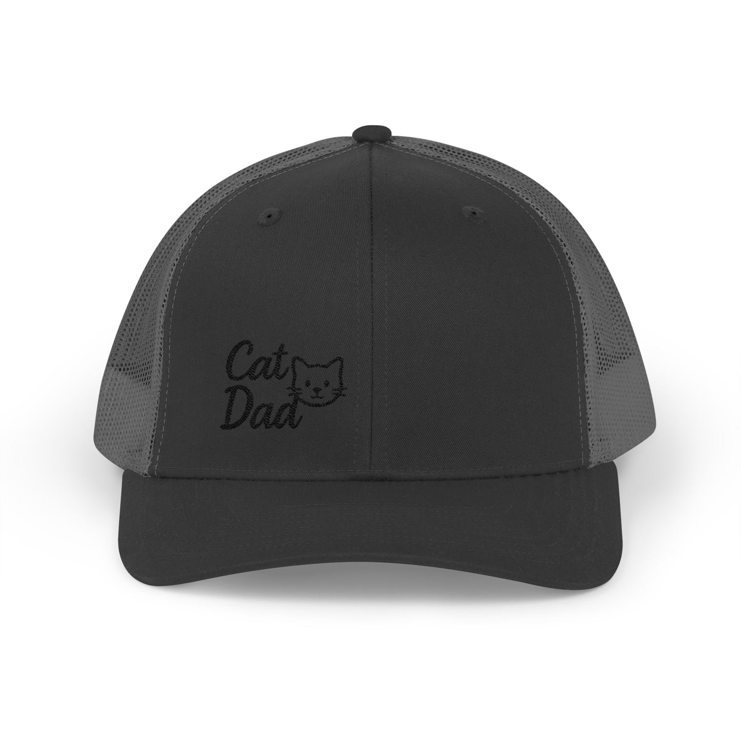 Cat Dad Trucker Hat – Embroidered Minimalist Cat Face Hat for Proud Pet Dads and Feline Fans. Black Letters