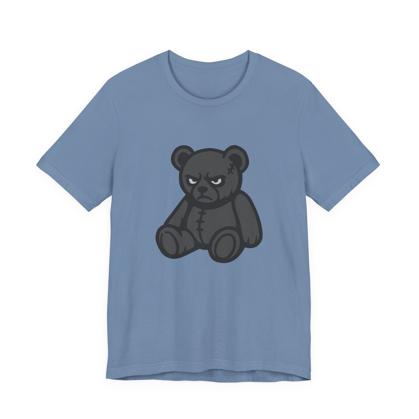 Angry Teddy Bear Graphic T-Shirt – Dark Theme Grayscale Plush with Attitude on Black Tee for Edgy or Ironic Style. Unisex Jersey Short Sleeve Tee