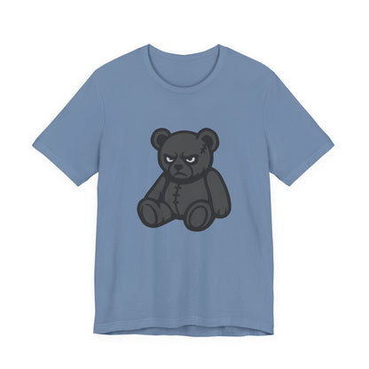 Angry Teddy Bear Graphic T-Shirt – Dark Theme Grayscale Plush with Attitude on Black Tee for Edgy or Ironic Style. Unisex Jersey Short Sleeve Tee