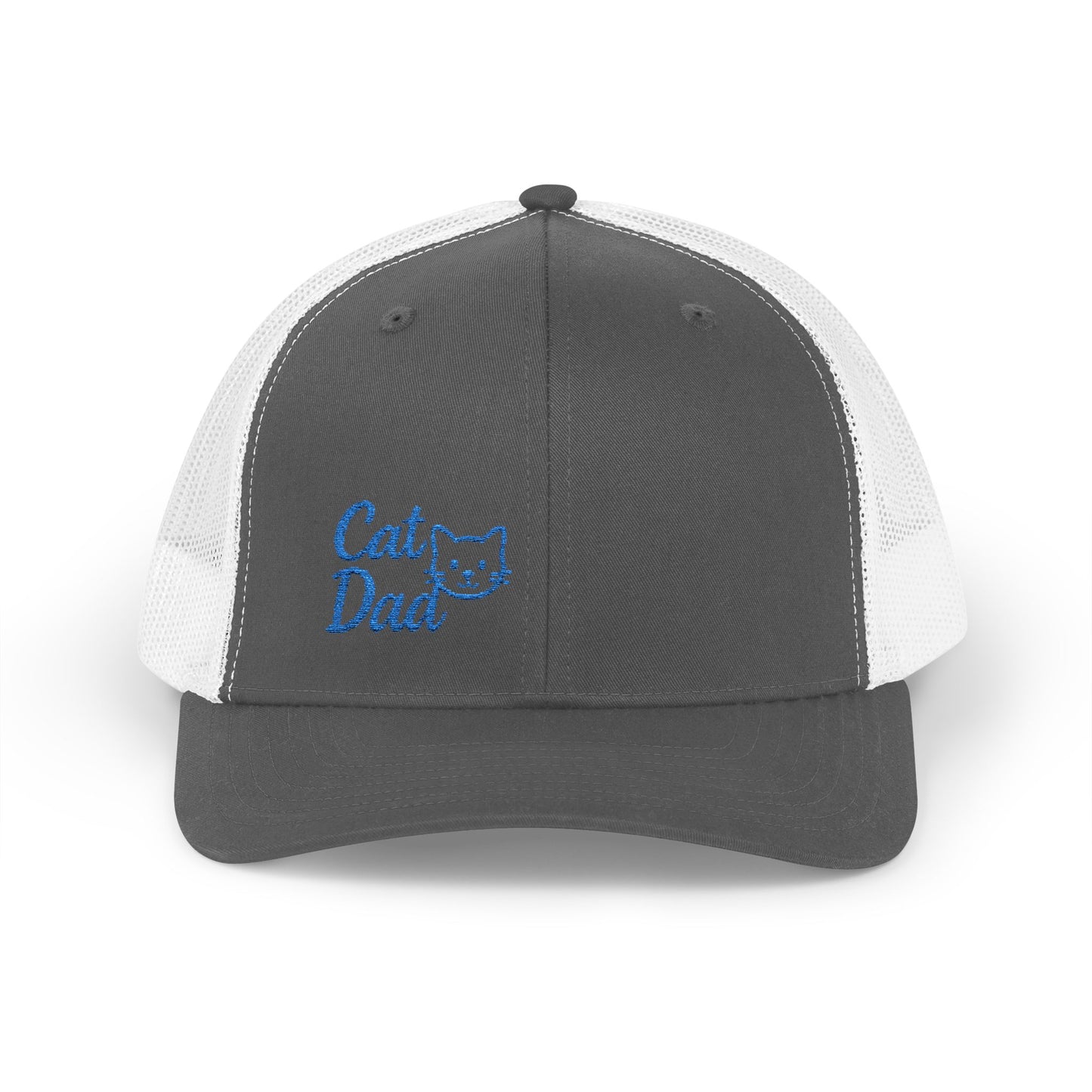 Cat Dad Trucker Hat – Embroidered Minimalist Cat Face Hat for Proud Pet Dads and Feline Fans. Blue Letters