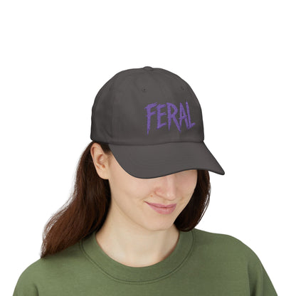 FERAL Embroidered Classic Dad Hat – Bold Statement Baseball Hat with Wild Energy Font for Rebels, Misfits, and Chaos Enthusiasts. Purple Letters