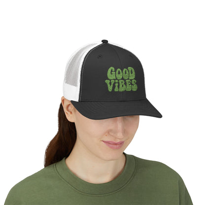 Good Vibes Trucker Hat – Embroidered Retro Text Hat for Positive Vibes, Chill Style, and Everyday Feel-Good Energy. Green Letters