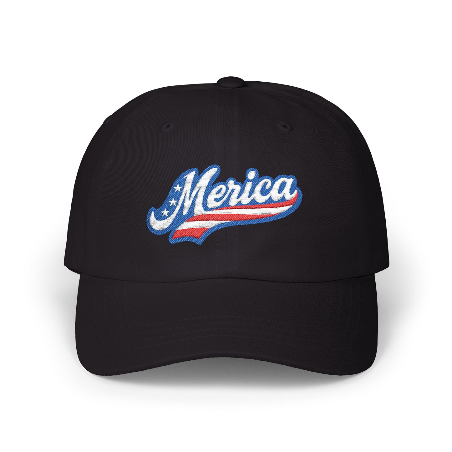 MERICA Embroidered Classic Dad Hat – Patriotic USA Hat with Bold Stars and Stripes Script Design for 4th of July and American Pride